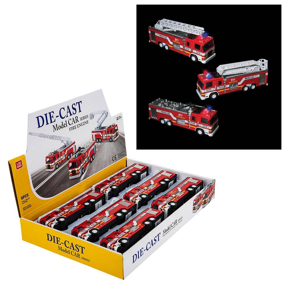 7" Diecast Pull Back Lgt/Sound Fire Engine 1:32 Scale