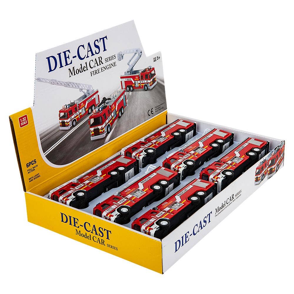 7" Diecast Pull Back Lgt/Sound Fire Engine 1:32 Scale