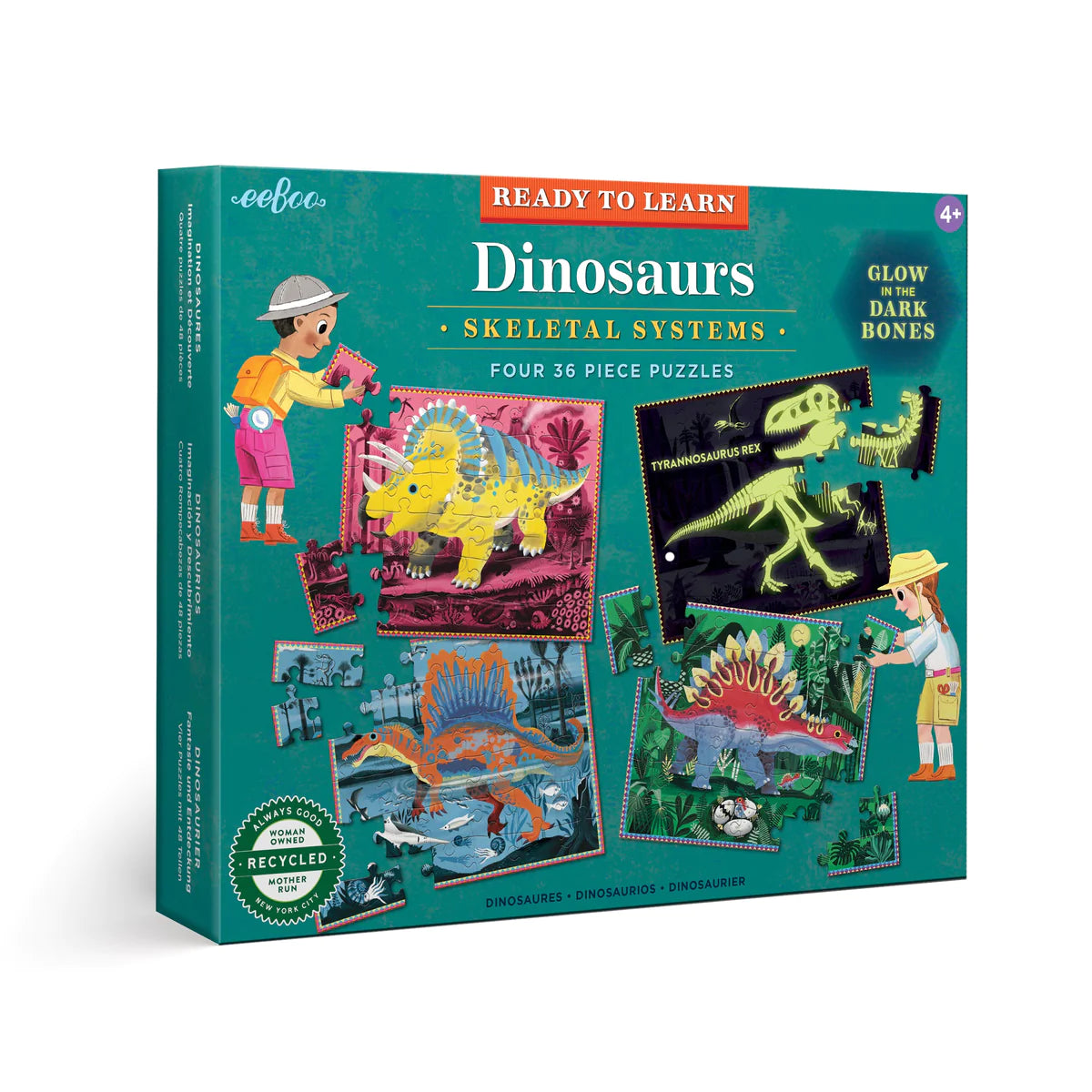 Dinosaurs Ready to Learn- 36 Piece, 4 Jigsaw Puzzle Set- GLOW IN THE DARK