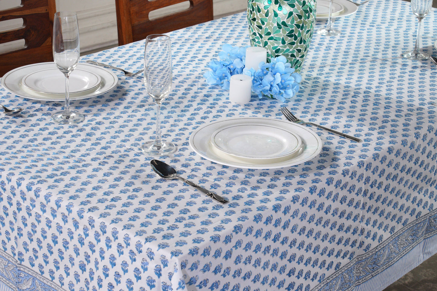 Apatite Blue Hand Block Printed Cotton tablecloth