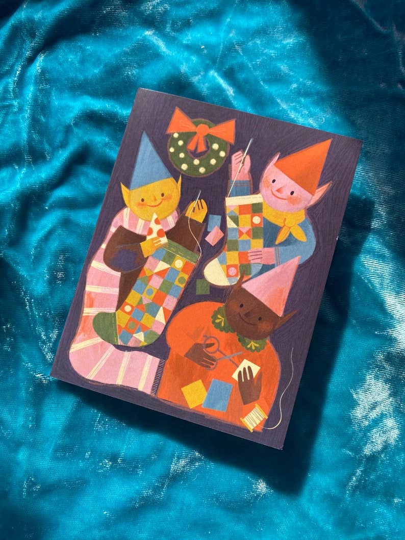 Christmas Elves Sewing Stockings Card