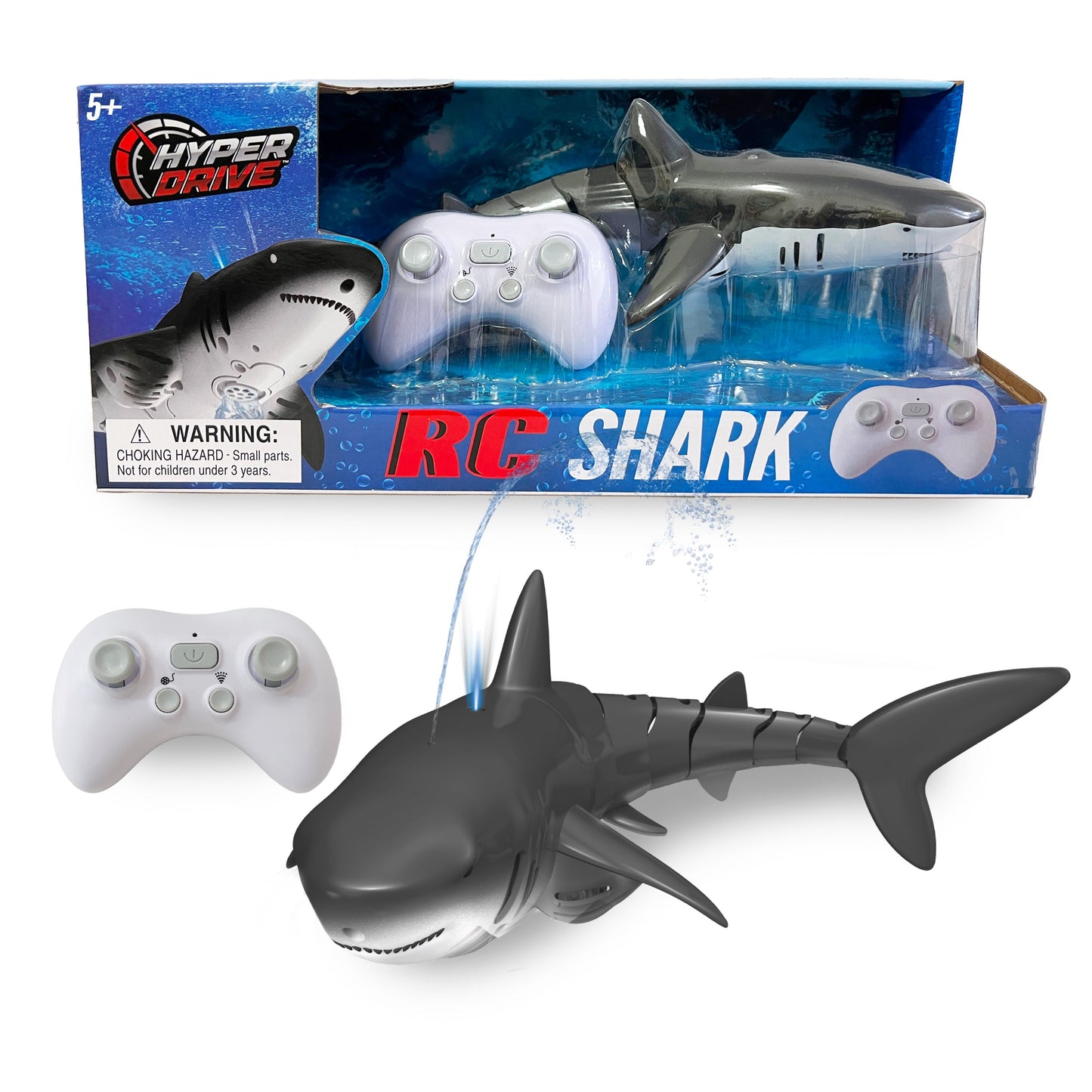 Hyper Drive: RC Shark - Gray - Light Up Remote Control Swimming Shark, 2.4 GHz, Sprays Water, Realistic Tail Motion, 360 Rotate, Water Play, Kids 6+